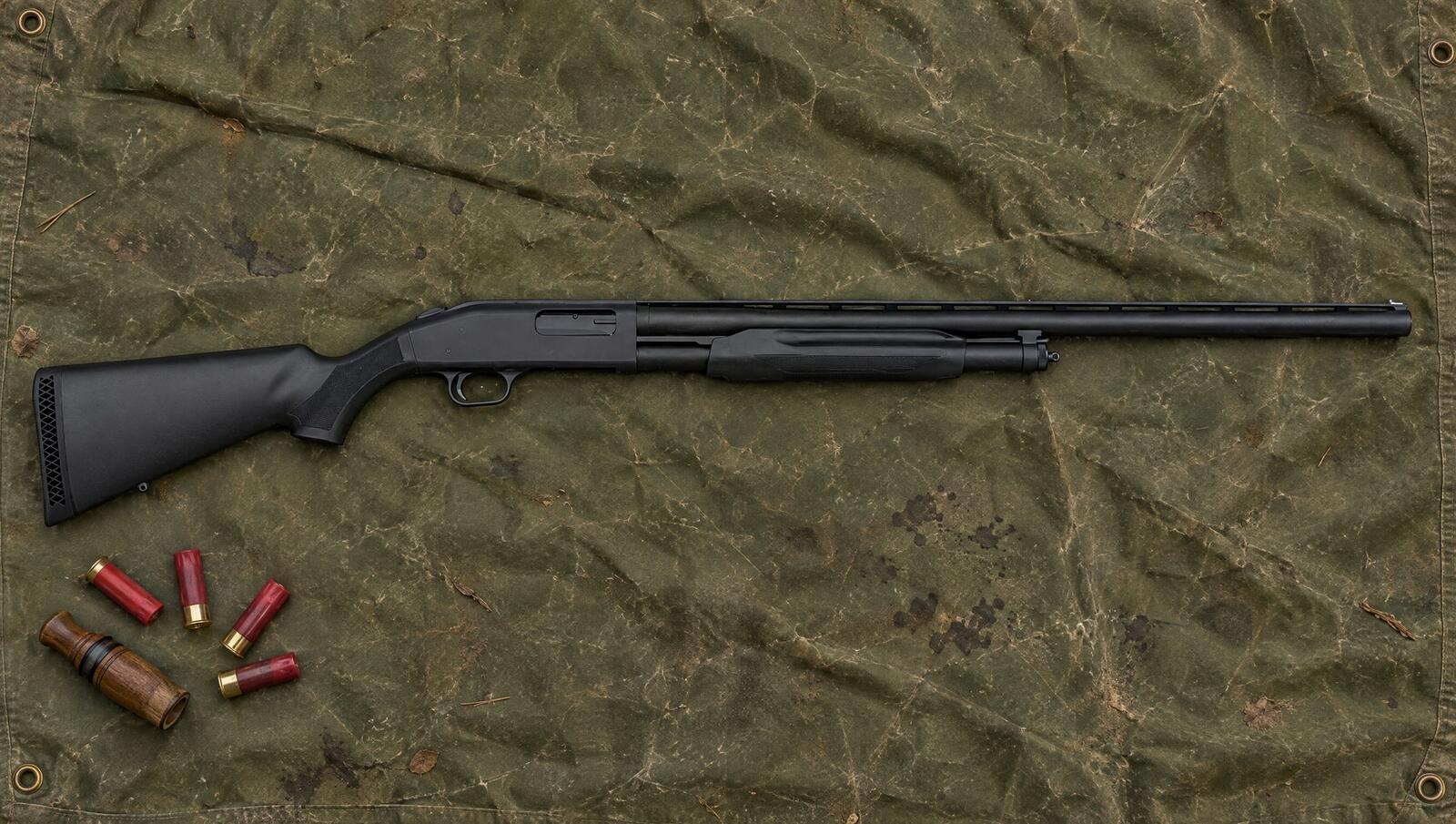 Mossberg 500 All Purpose Field 12 gauge pump shotgun with 28-inch barrel and black synthetic stock lying flat on an olive canvas tarp beside shotgun shells and a duck call