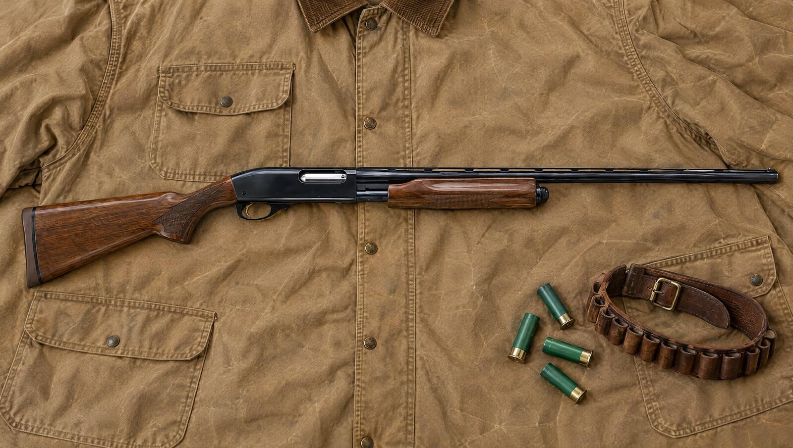 Remington 870 Wingmaster 12 gauge pump shotgun with gloss walnut stock lying flat on a canvas field coat beside green shotgun shells and a shell belt