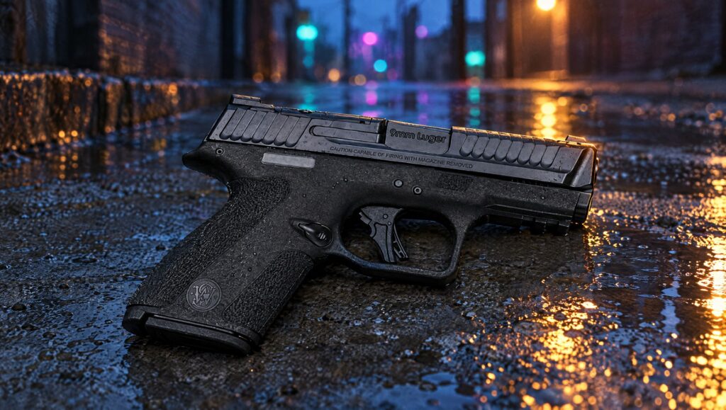Right side of the Smith and Wesson M&P Shield X 9mm on wet concrete at blue hour