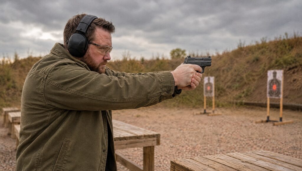 Shooter in an olive jacket firing the Smith and Wesson M&P Shield X at an outdoor gravel pistol range
