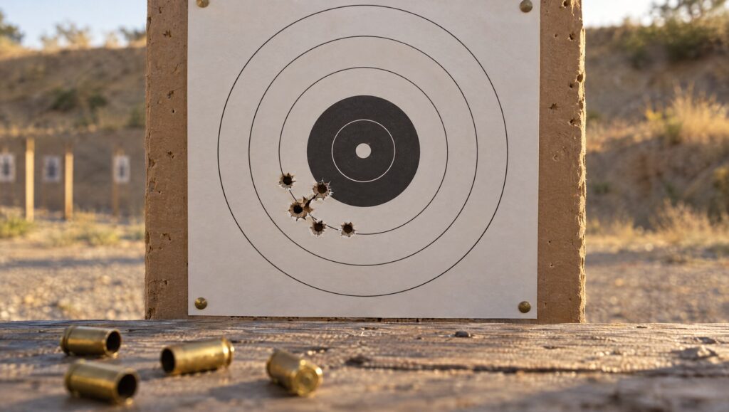 Paper bullseye target with a 9mm group shot at 15 yards from the M&P Shield X and spent brass on a range bench