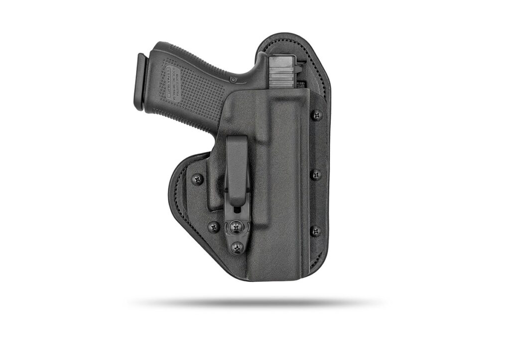 Hidden Hybrid Appendix Carry Strong Side Single Clip holster in black Kydex with a Glock