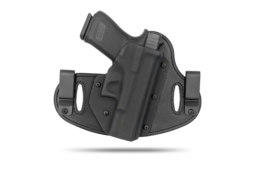 Hidden Hybrid IWB and OWB Double Clip holster with black leather backer and two belt clips