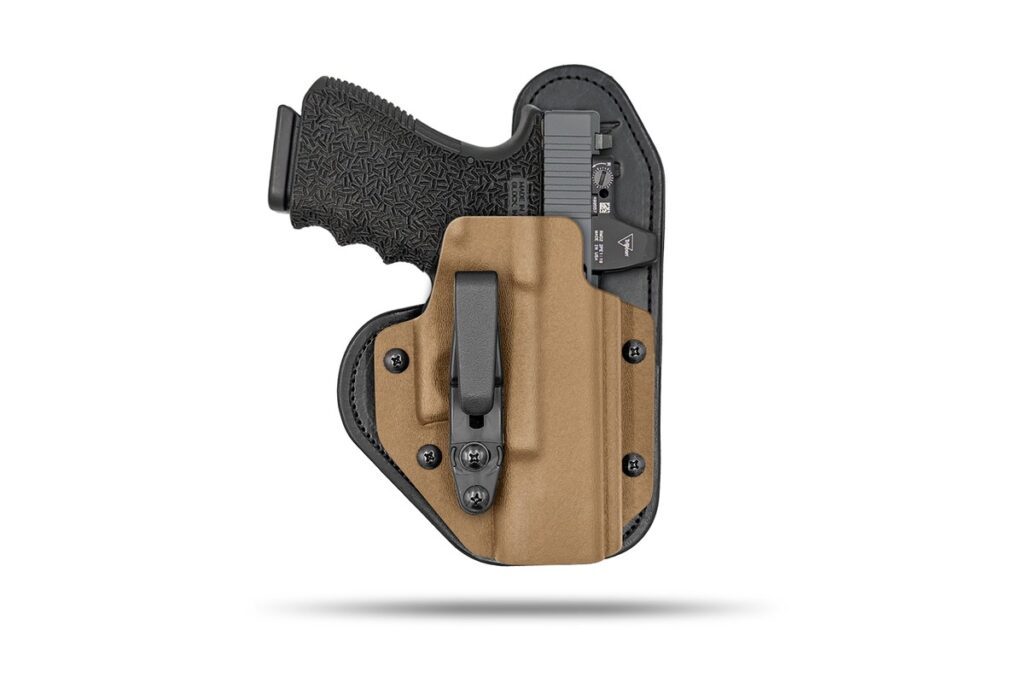 Hidden Hybrid Holsters optic ready appendix holster in coyote tan Kydex with a red dot equipped Glock