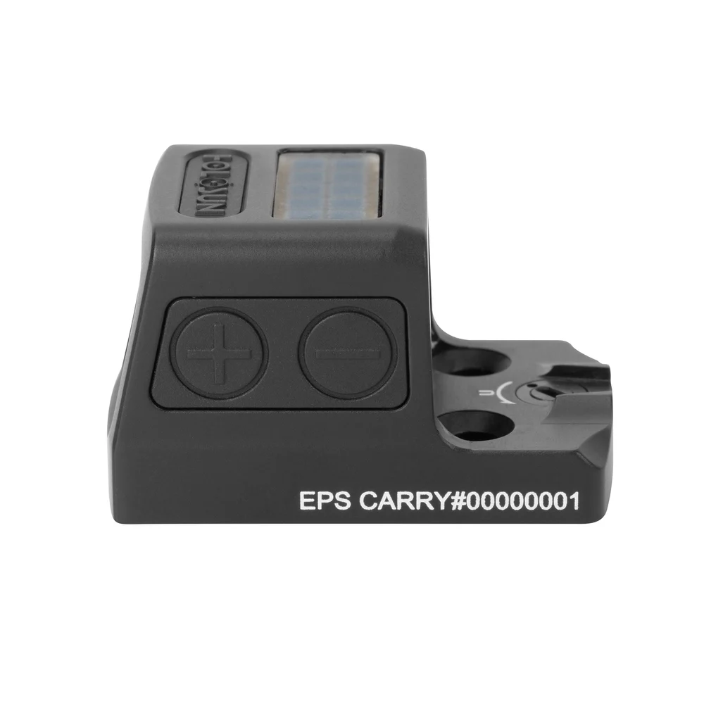 Left side of the Holosun EPS Carry MRS showing the brightness buttons, solar panel and EPS CARRY marking