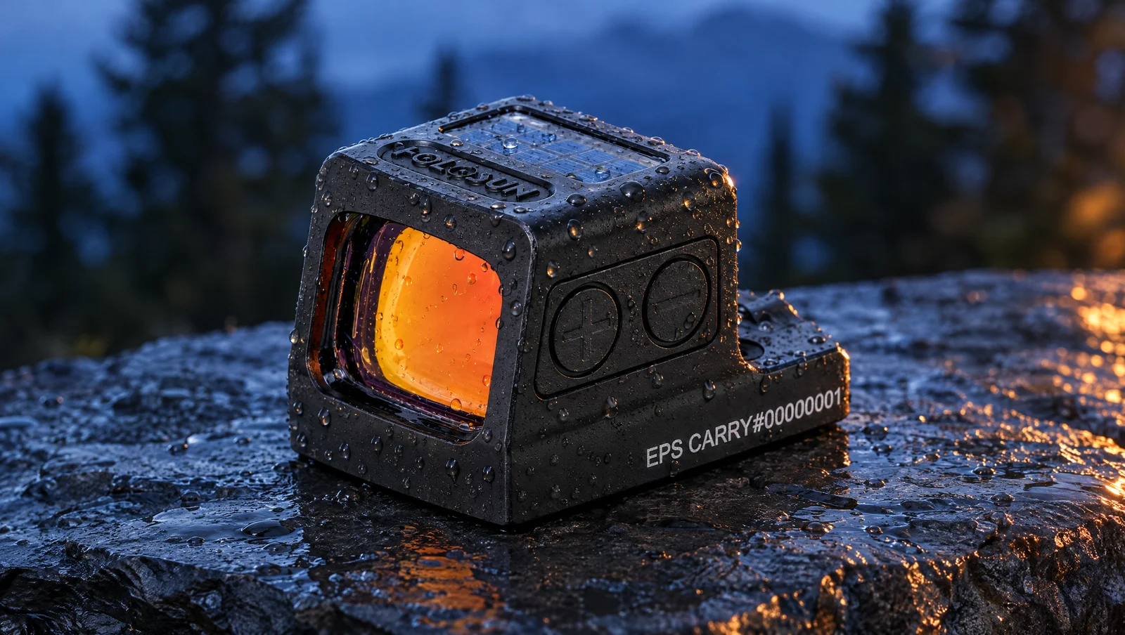 Holosun EPS Carry with rain droplets on a wet slate rock at dusk
