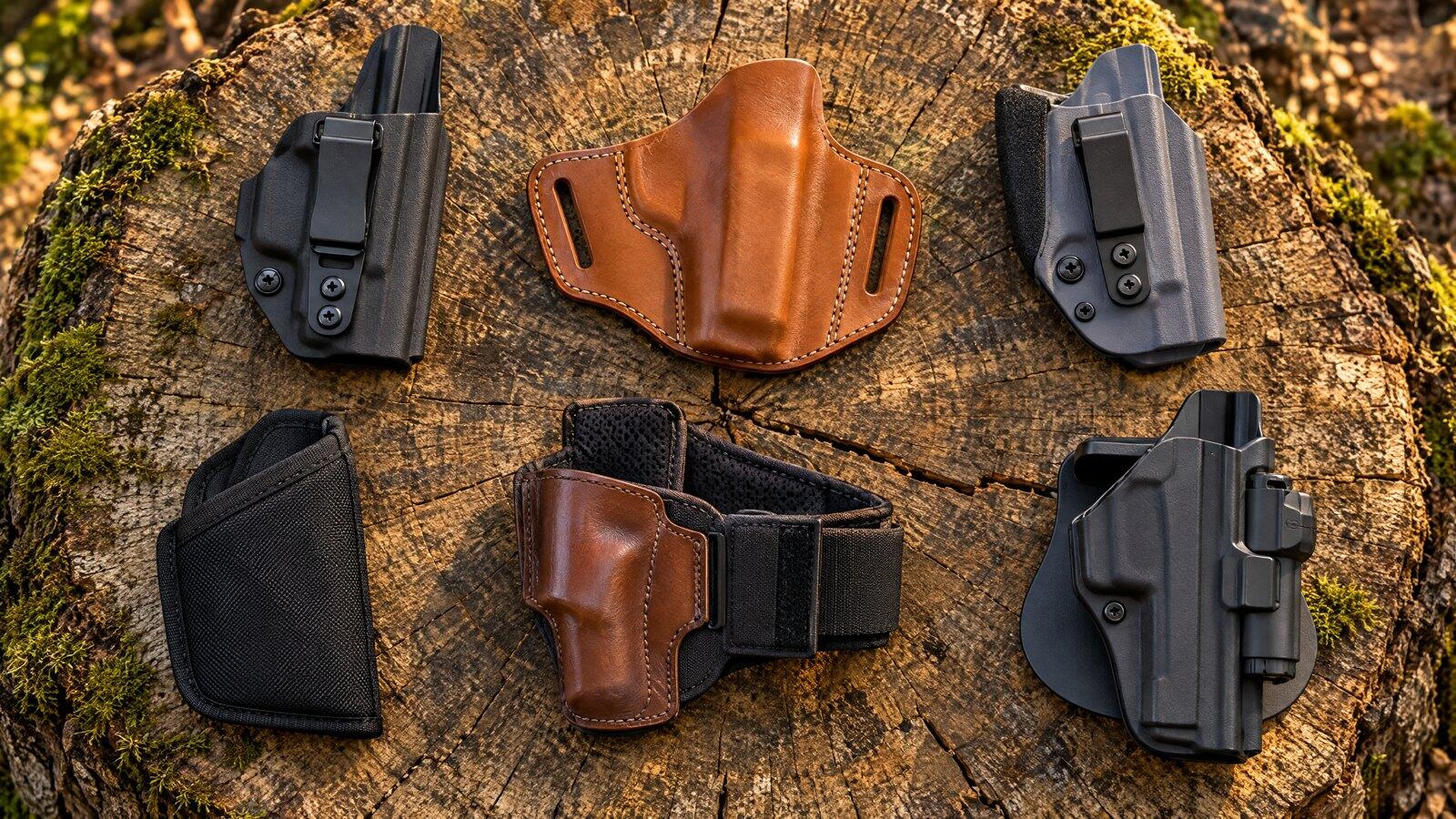Six empty pistol holsters on a tree stump: Kydex IWB, leather pancake OWB, Kydex appendix, nylon pocket, leather ankle and a light-bearing paddle holster