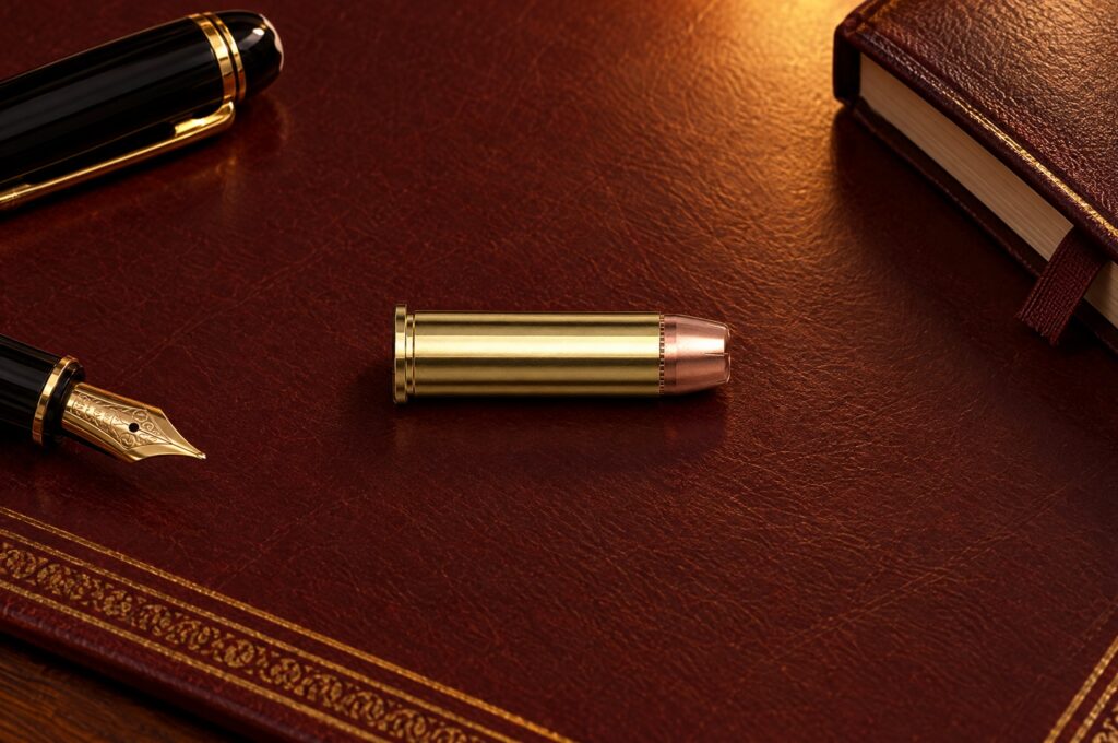 Hornady American Gunner 38 Special 125 gr XTP cartridge on a leather desk blotter beside a fountain pen