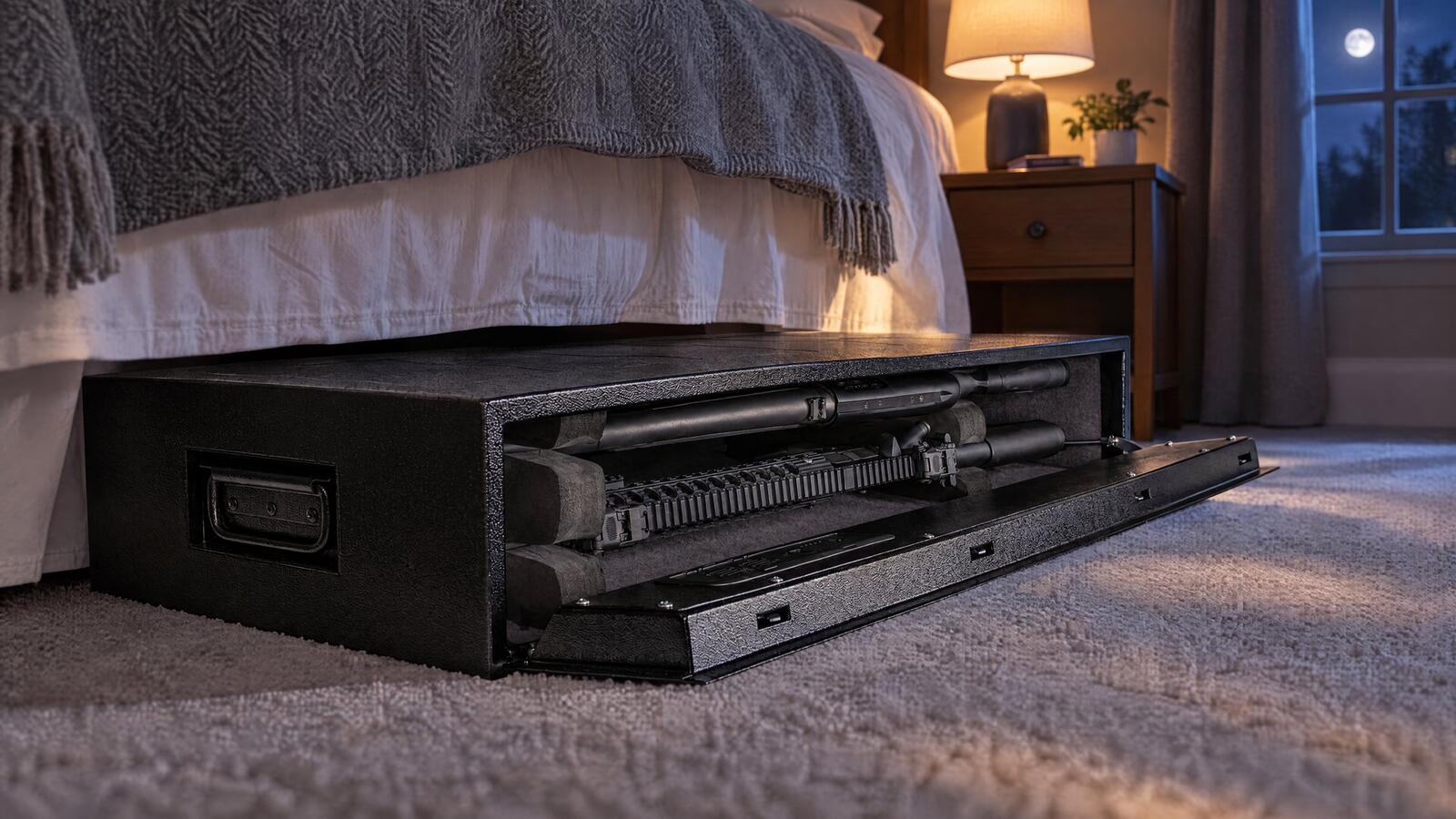 Hornady RAPiD Safe AR Gunlocker pulled out from under a bed at night with its door open and two rifles in foam