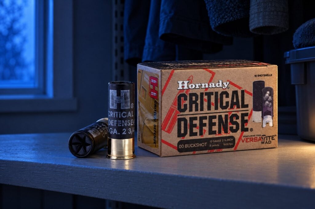 Hornady Critical Defense 12 gauge 00 buckshot box and shells on a closet shelf at blue hour