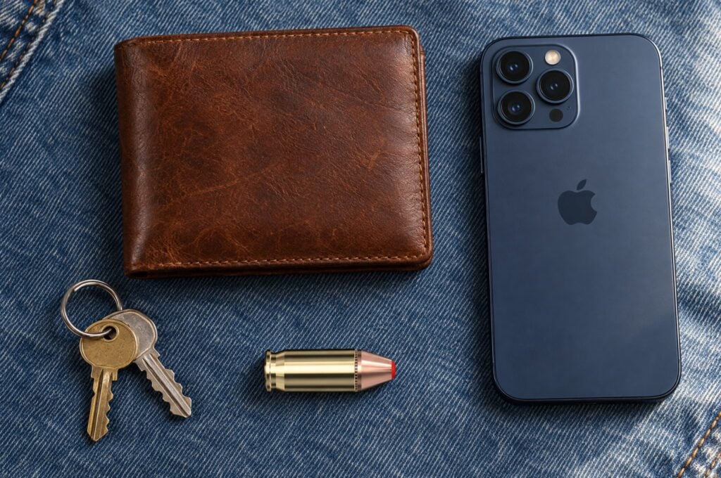 Hornady Critical Defense 380 ACP 90 gr FTX cartridge on denim beside a wallet, keys and a phone