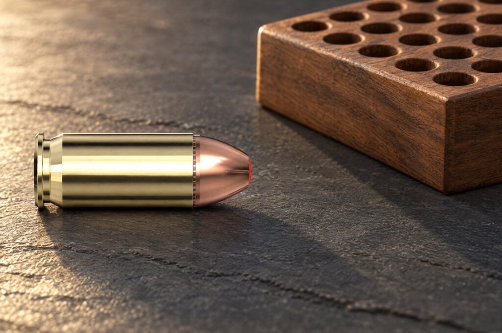 Hornady Critical Defense 45 ACP 185 gr FTX cartridge on a slate bench beside a wooden loading block