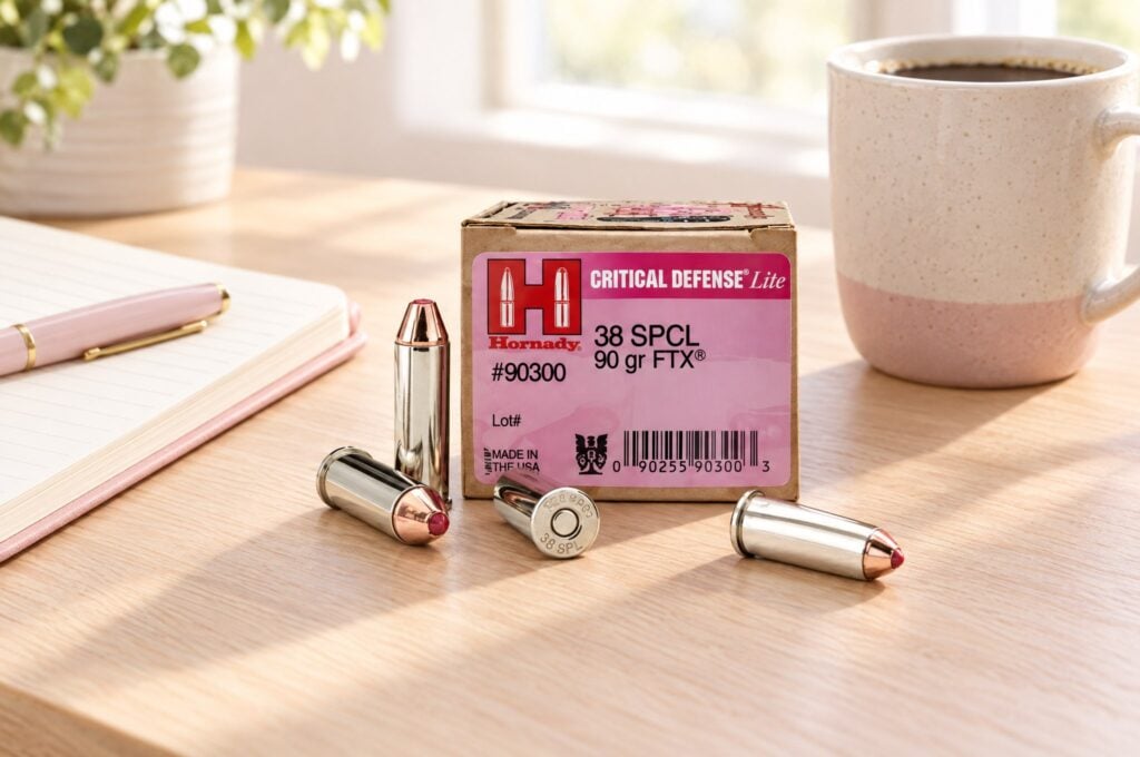 Hornady Critical Defense Lite 38 Special 90 gr FTX box and nickel cartridges on an oak desk