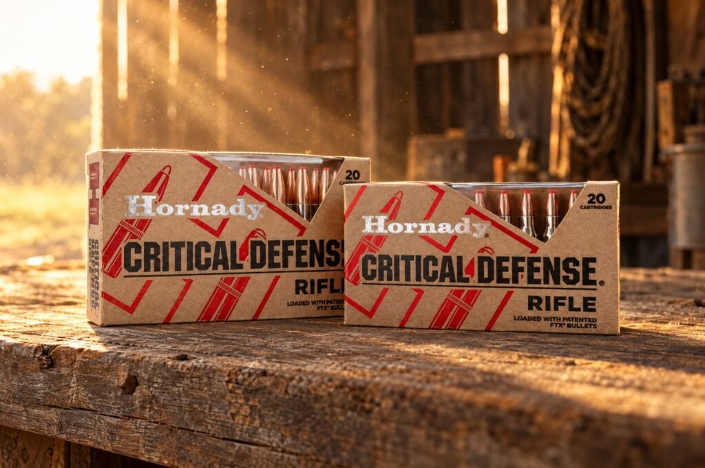 Two boxes of Hornady Critical Defense Rifle ammo with FTX bullets on a barn wood workbench at sunset