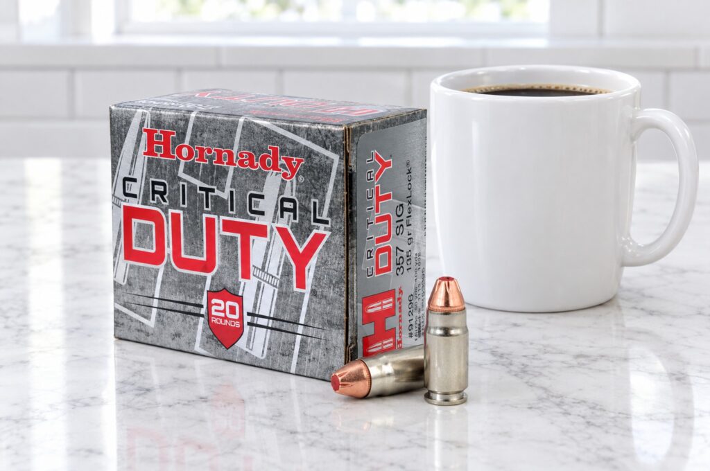 Hornady Critical Duty 357 Sig 135 gr FlexLock box and two cartridges on a white marble counter beside a coffee mug