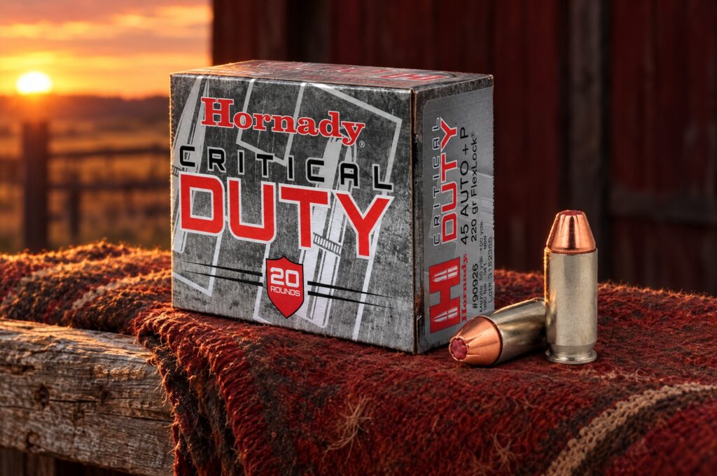 Hornady Critical Duty 45 Auto +P 220 gr FlexLock box and two cartridges on a red saddle blanket at sunset