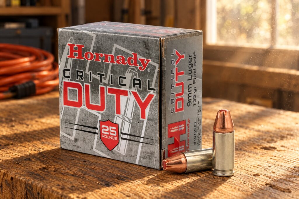 Hornady Critical Duty review: 9mm Luger 135 gr FlexLock box, item 90236, with two cartridges on an oak workbench in afternoon sun