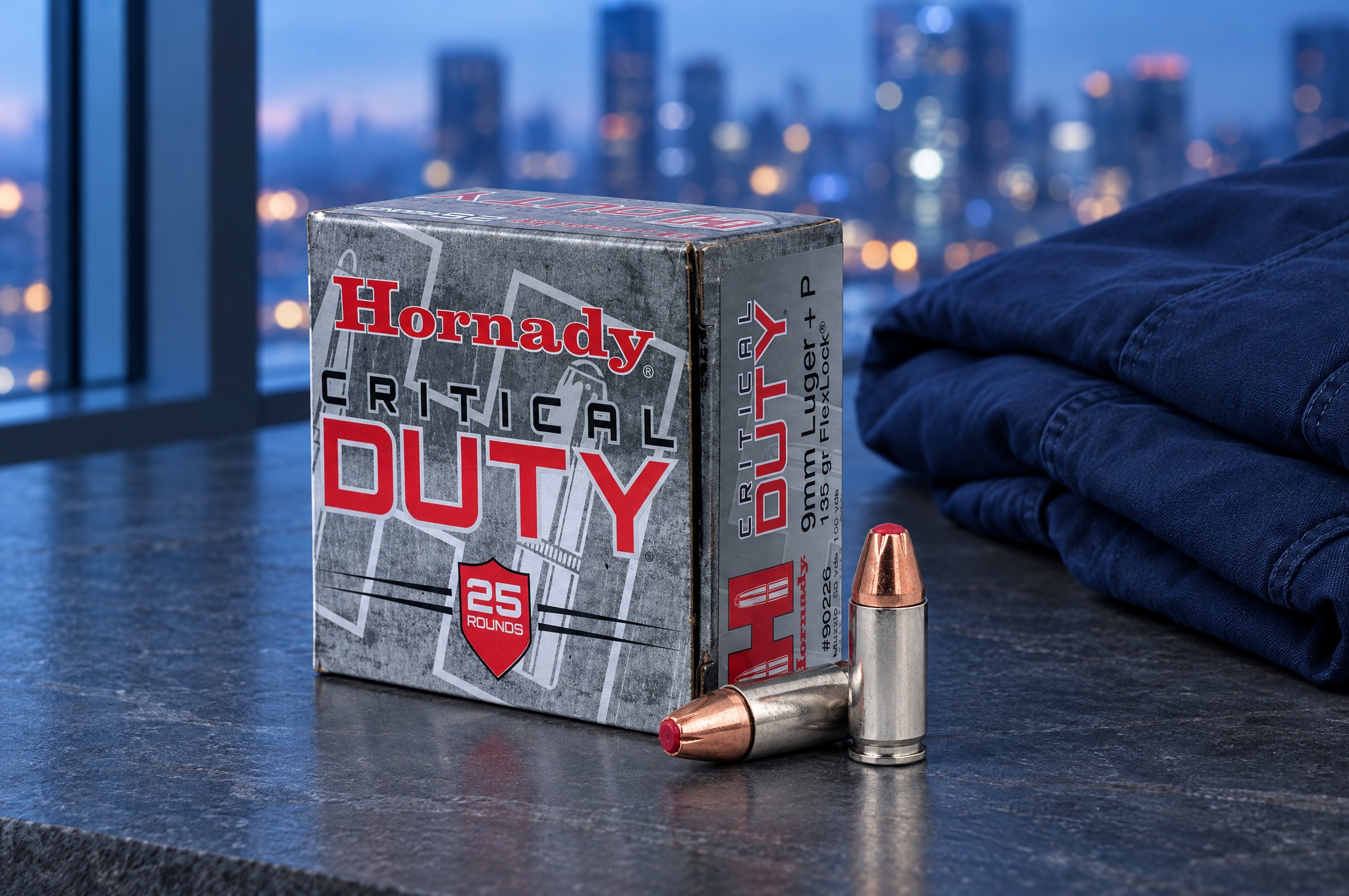 Hornady Critical Duty review: 9mm Luger +P 135 gr FlexLock box and two silver-cased cartridges on a slate table at blue hour