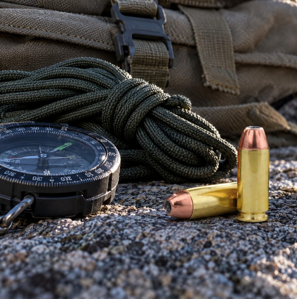 Two Hornady Custom 10mm Auto 180 gr XTP cartridges on granite beside paracord, a compass and a pack