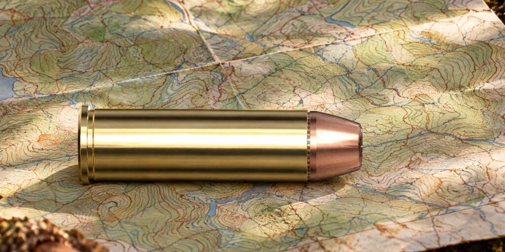 Hornady Custom 44 Mag 240 gr XTP cartridge on a topographic map in the autumn woods