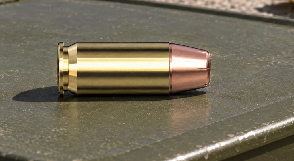 Hornady Custom 45 Auto +P 230 gr XTP cartridge lying on an olive steel ammo can lid