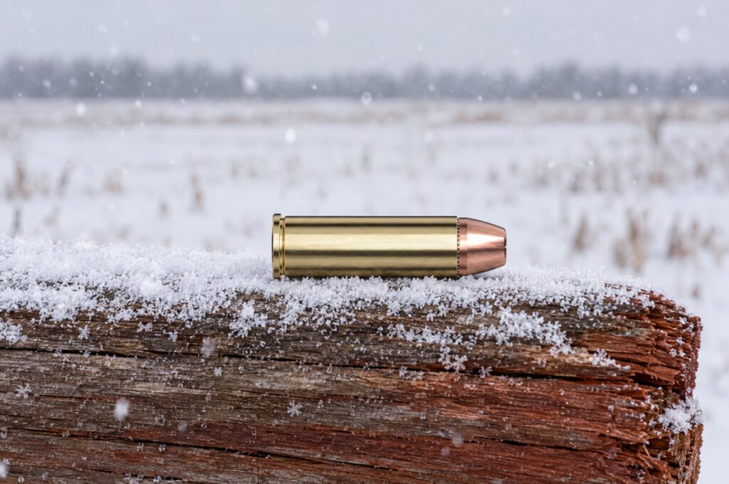 Hornady Custom 454 Casull 300 gr XTP Mag cartridge on a snow-dusted cedar fence rail