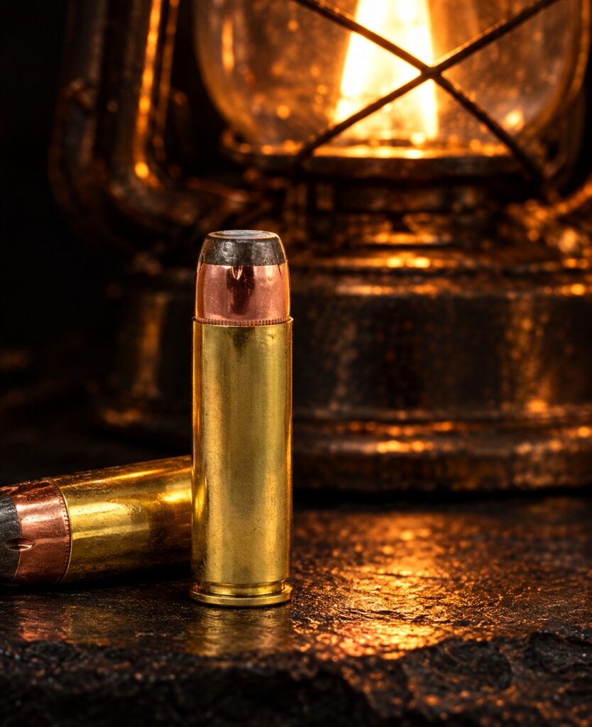 Two Hornady Custom 500 S&W 500 gr FP-XTP cartridges by lantern light on black slate