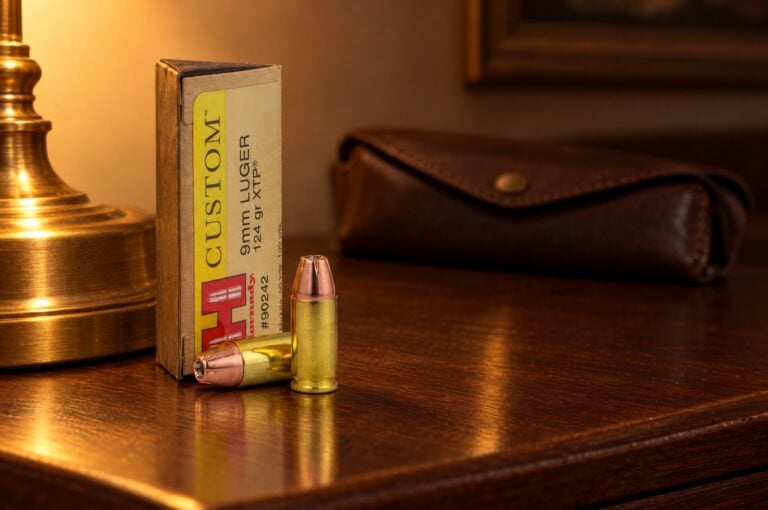 Hornady XTP review: Hornady Custom 9mm Luger 124 gr XTP box end panel and two cartridges on a walnut nightstand