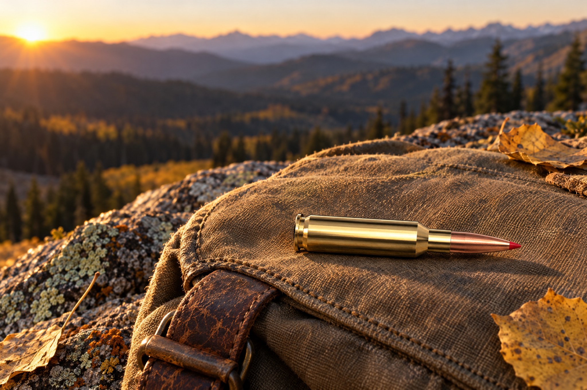 Hornady ELD-X review: a 6.5 Creedmoor 143 gr ELD-X Precision Hunter cartridge on a hunting pack above elk country at sunrise