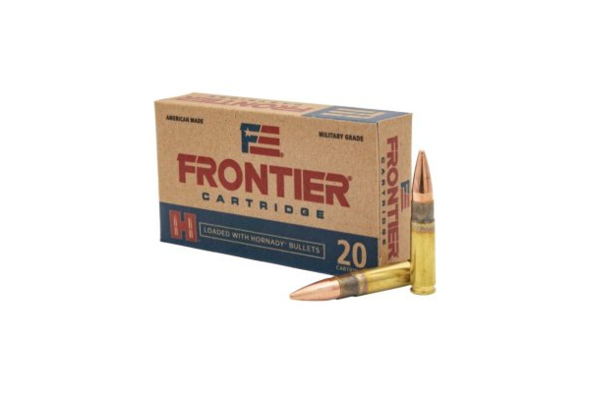 Hornady Frontier 300 Blackout 125 grain FMJ ammo box with two cartridges