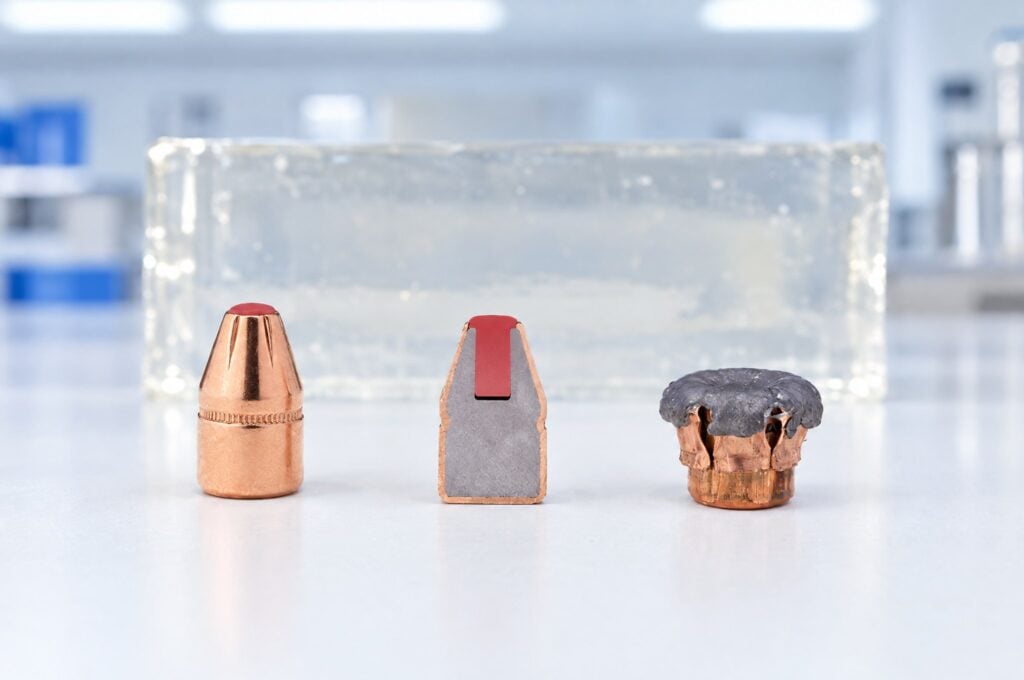 Hornady 9mm FTX bullet unfired, cut in half to show the red Flex Tip, and expanded, beside a clear gel block