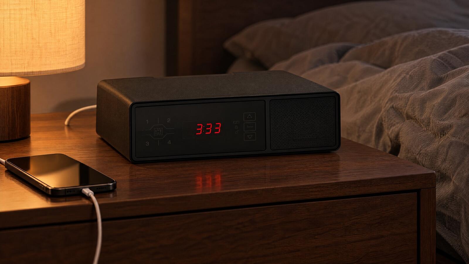 Hornady RAPiD Safe Night Guard on a walnut nightstand at night beside a lamp and a charging phone
