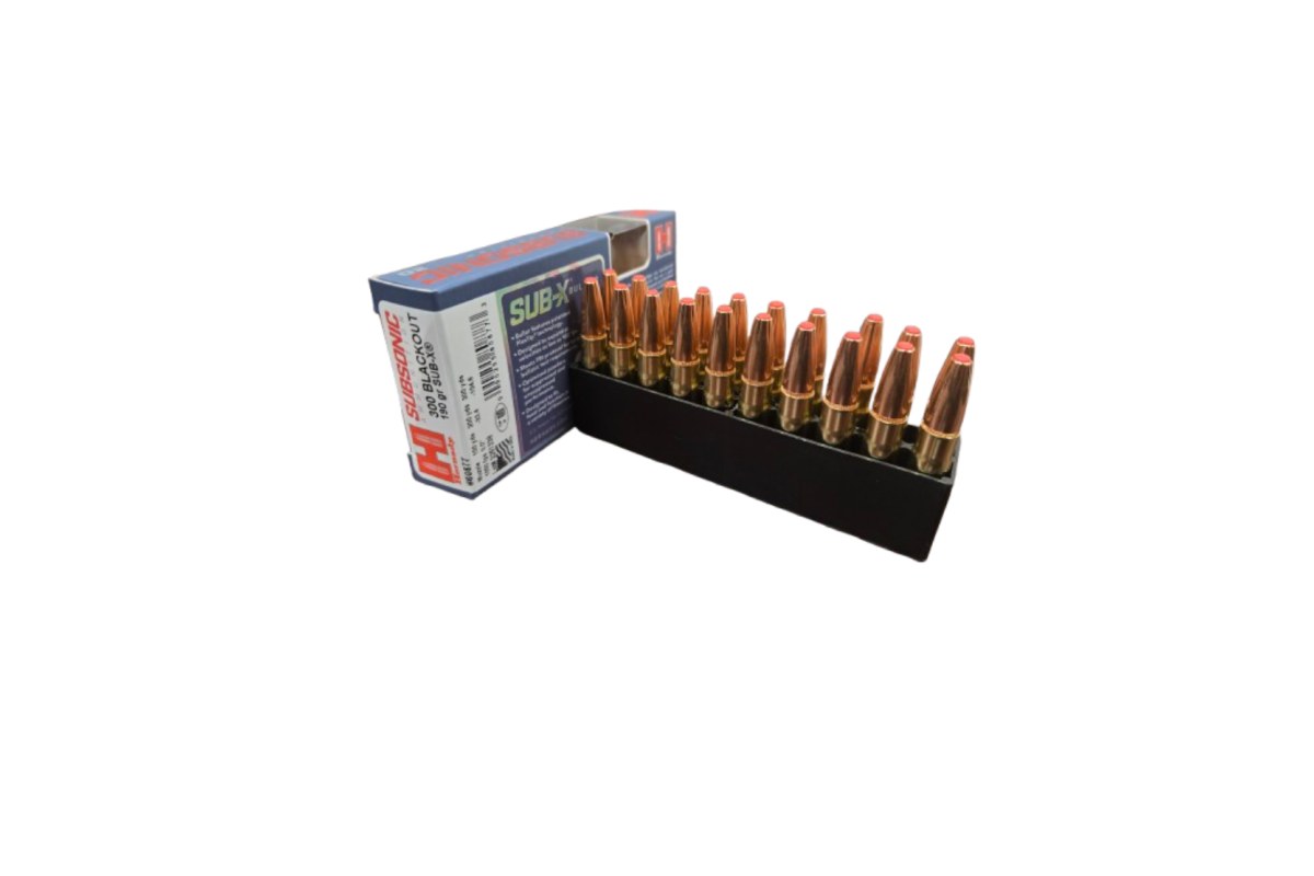 Hornady Subsonic 300 Blackout 190 grain Sub-X box with a tray of red-tipped cartridges