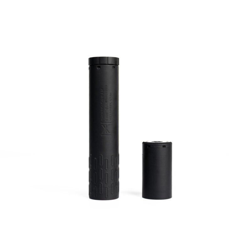 HUXWRX FLOW 9 M suppressor in black with its separate extension module, HUXWRX product photo