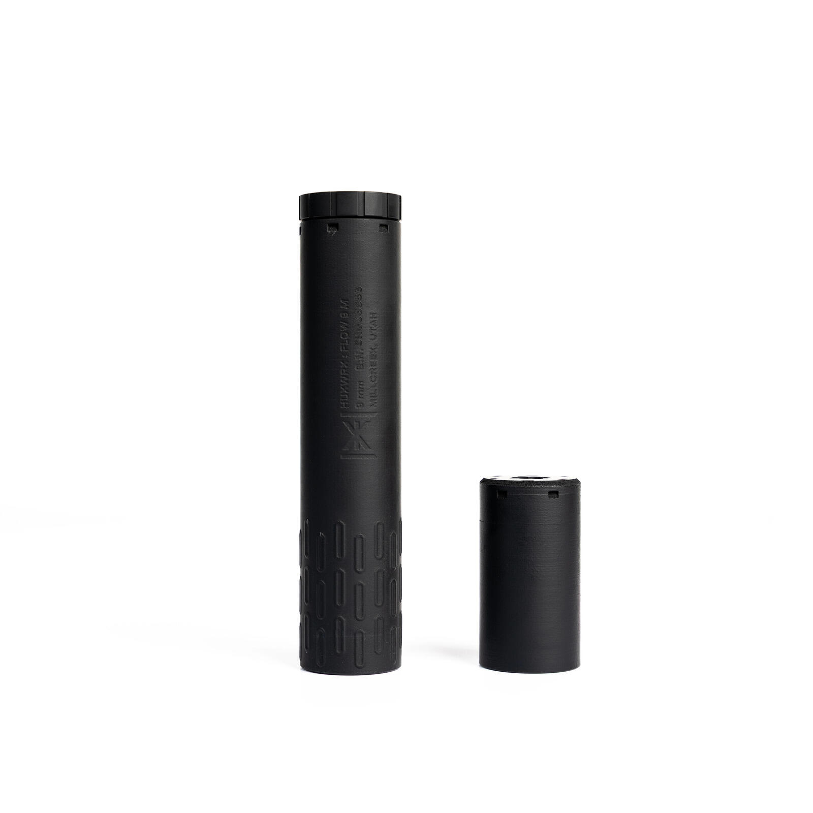 HUXWRX FLOW 9 M suppressor in black with its separate extension module, HUXWRX product photo