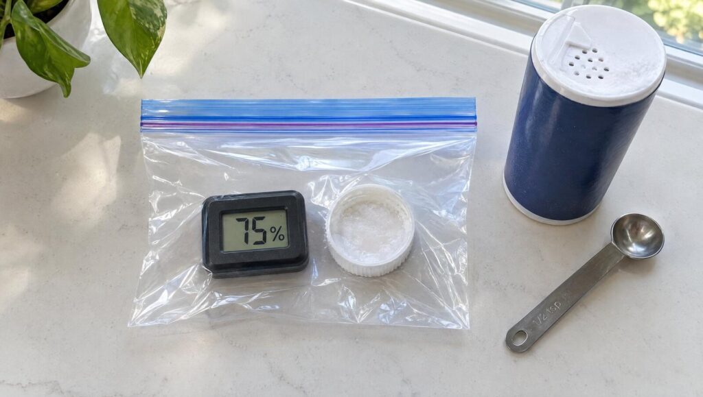 Digital hygrometer sealed in a plastic bag with a bottle cap of damp salt for a 75 percent calibration test