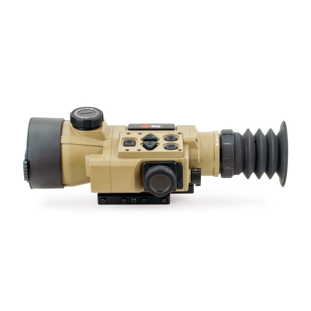 InfiRay Outdoor Hybrid Compact HCH50R thermal sight in flat dark earth, side view with its rangefinder window