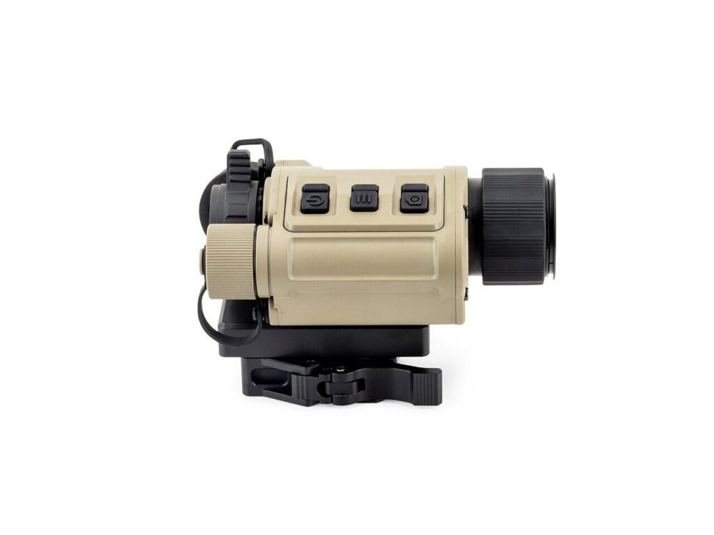 iRay Rico Micro V2 640 thermal sight in tan on its Picatinny riser mount