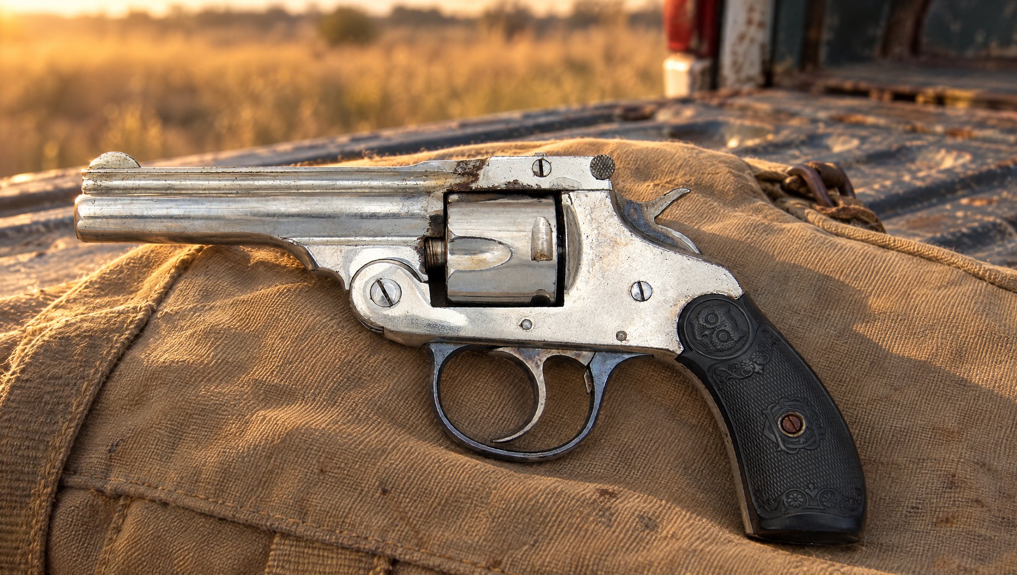 Nickel Iver Johnson top break revolver in 32 S&W on a canvas bag in evening sun
