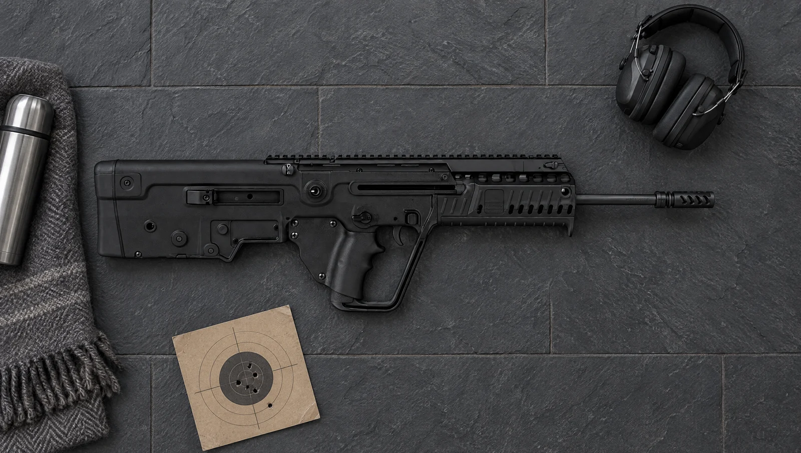 IWI Tavor X95 18.5 inch with a muzzle brake lying flat on dark slate beside ear muffs, a thermos and a paper target
