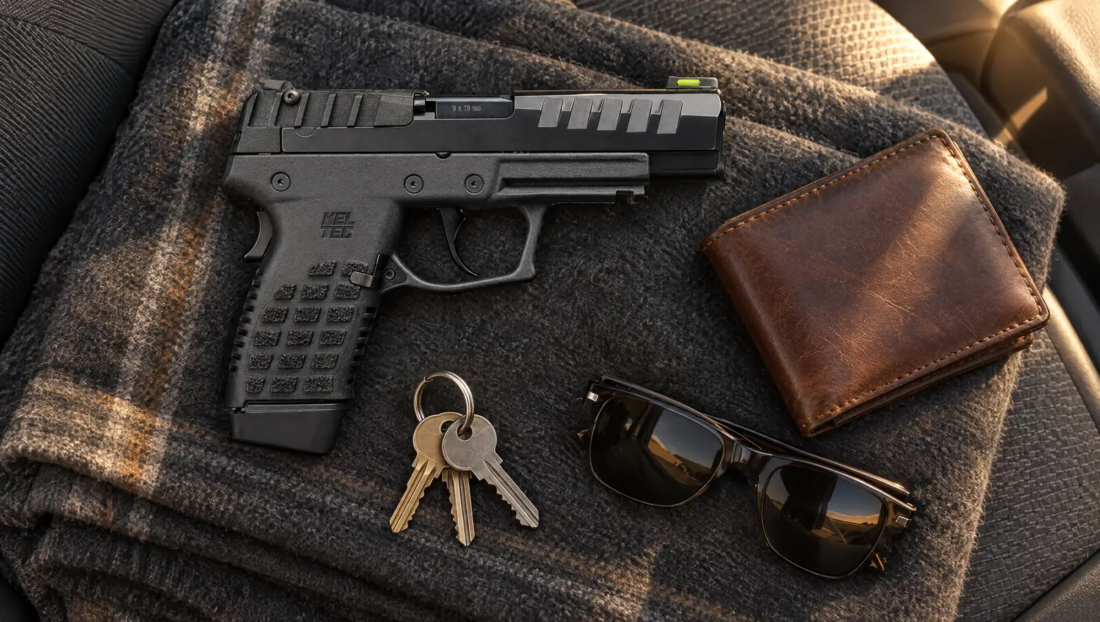 Kel-Tec P15 9mm pistol with a black slide, green fiber optic front sight, KEL TEC logo on the textured polymer grip and the 15 round extended magazine, lying on a wool blanket on a truck seat beside a wallet, keys and sunglasses