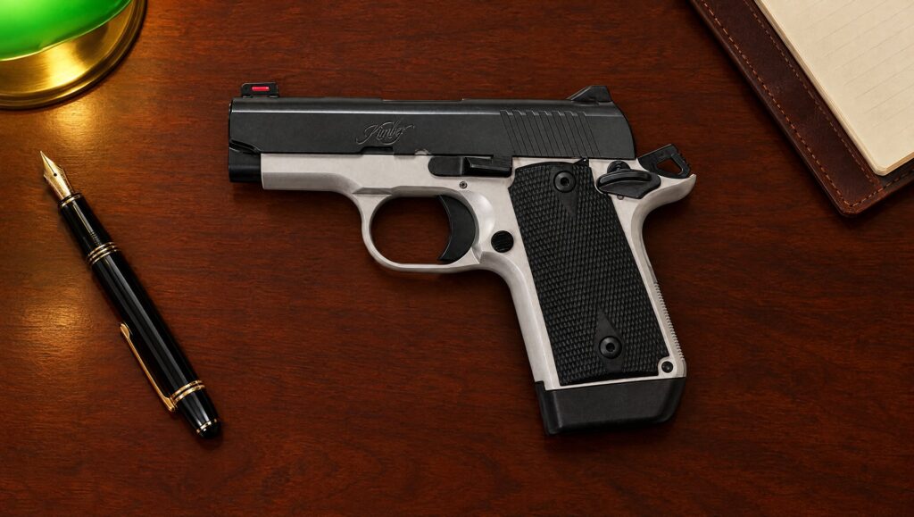 Two-tone Kimber Micro 9 pistol lying on a mahogany desk beside a fountain pen under a green bankers lamp