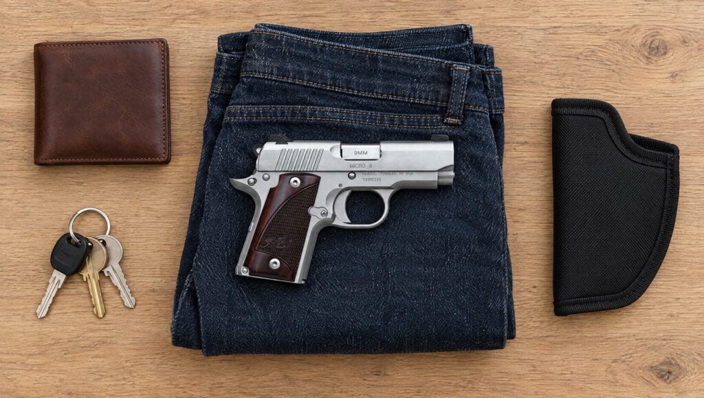 Kimber Micro 9 lying flat on folded jeans beside a black pocket holster, a wallet and keys