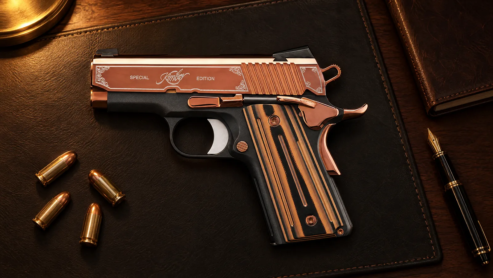 Kimber Rose Gold Ultra II 1911 with rose gold PVD slide engraved Special Edition and Kimber script, black frame and striped G10 grips, lying on a black leather desk pad beside .45 ACP cartridges and a fountain pen