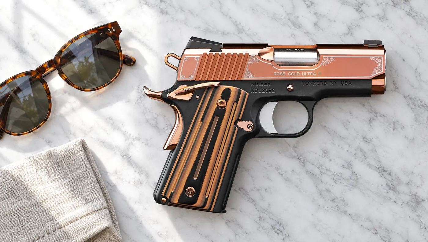 Right side of the Kimber Rose Gold Ultra II .45 ACP showing the Rose Gold Ultra II slide engraving and Yonkers NY USA frame marking, lying on white marble beside sunglasses
