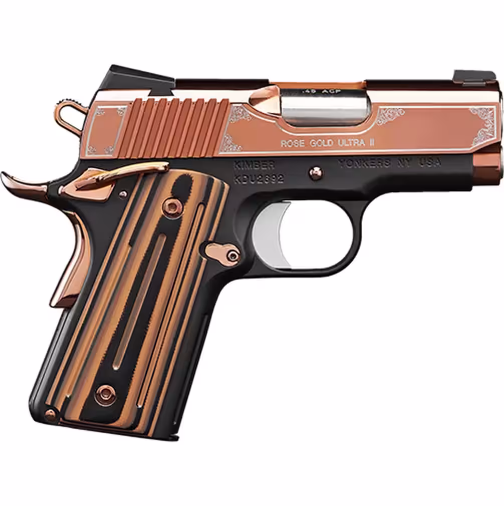 Kimber Rose Gold Ultra II right side profile with scroll engraved rose gold slide, .45 ACP barrel hood, black aluminum frame, ambidextrous safety and G10 grips, Kimber photo