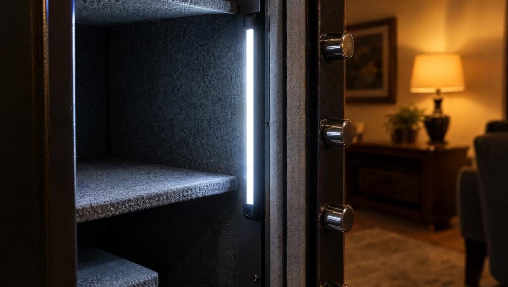 Slim LED wand light glowing on the inside edge of a gun safe door frame beside the door seal