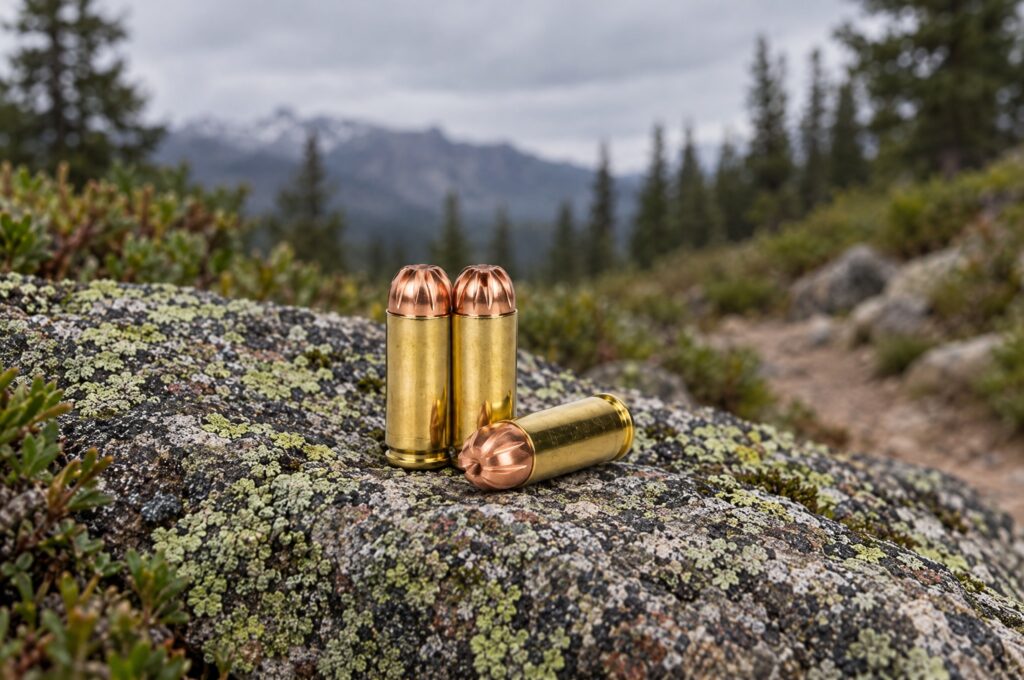 Lehigh Defense 10mm 185 gr Xtreme Penetrator cartridges on a granite boulder beside a mountain trail
