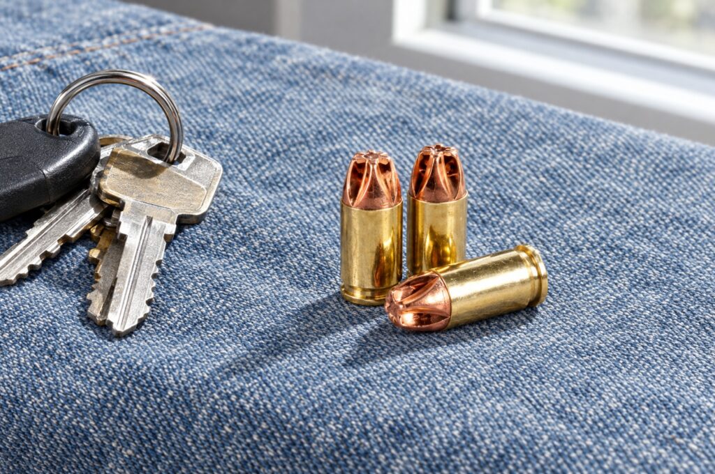 Lehigh Defense .380 ACP 68 gr Xtreme Defense cartridges on denim beside a set of keys