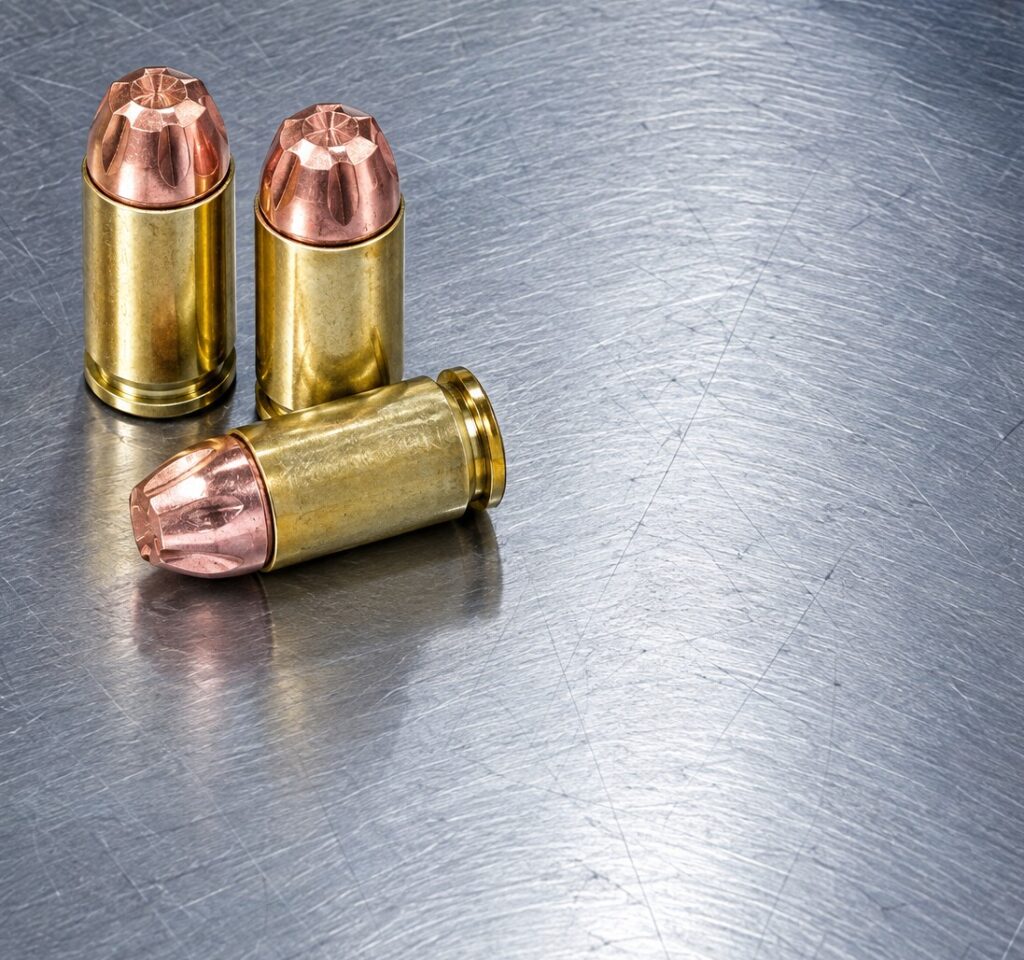 Lehigh Defense .45 ACP 190 gr Xtreme Defense cartridges with fluted copper noses on a brushed steel bench